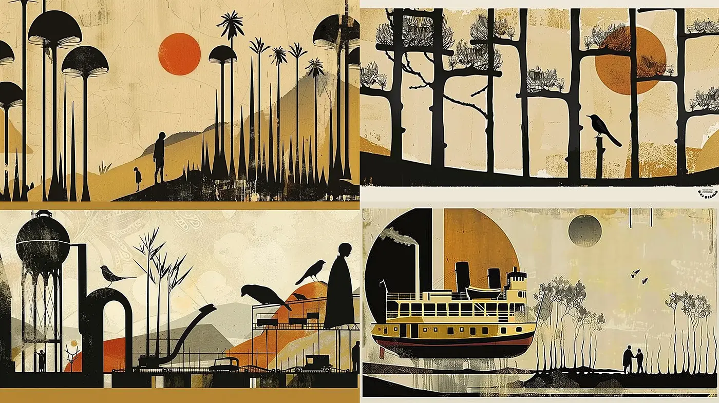 Timeless Silhouettes and Warm Tones: A Homage to Mid-Century Modern Aesthetics and Nature - Midjourney sref style