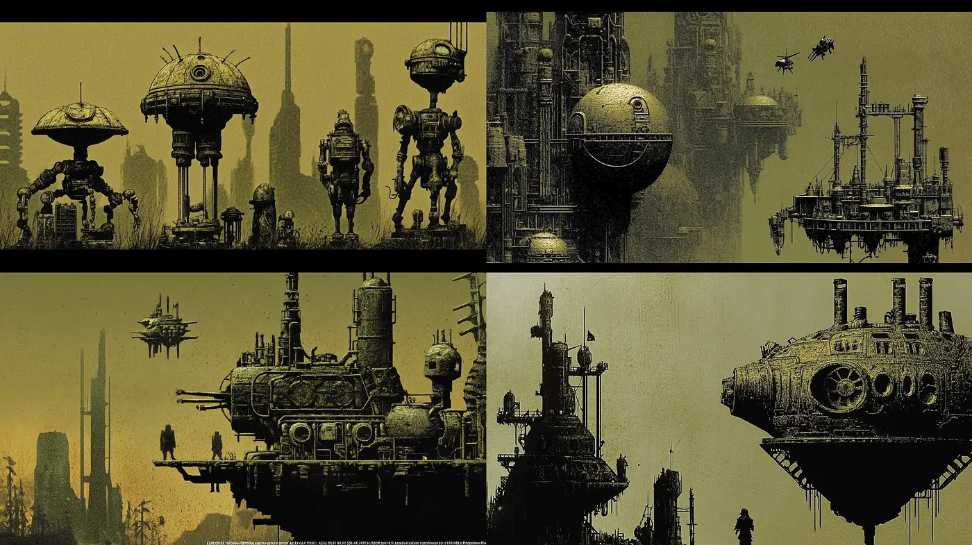 Dystopian Industrial Sci-Fi Panorama - Midjourney sref style