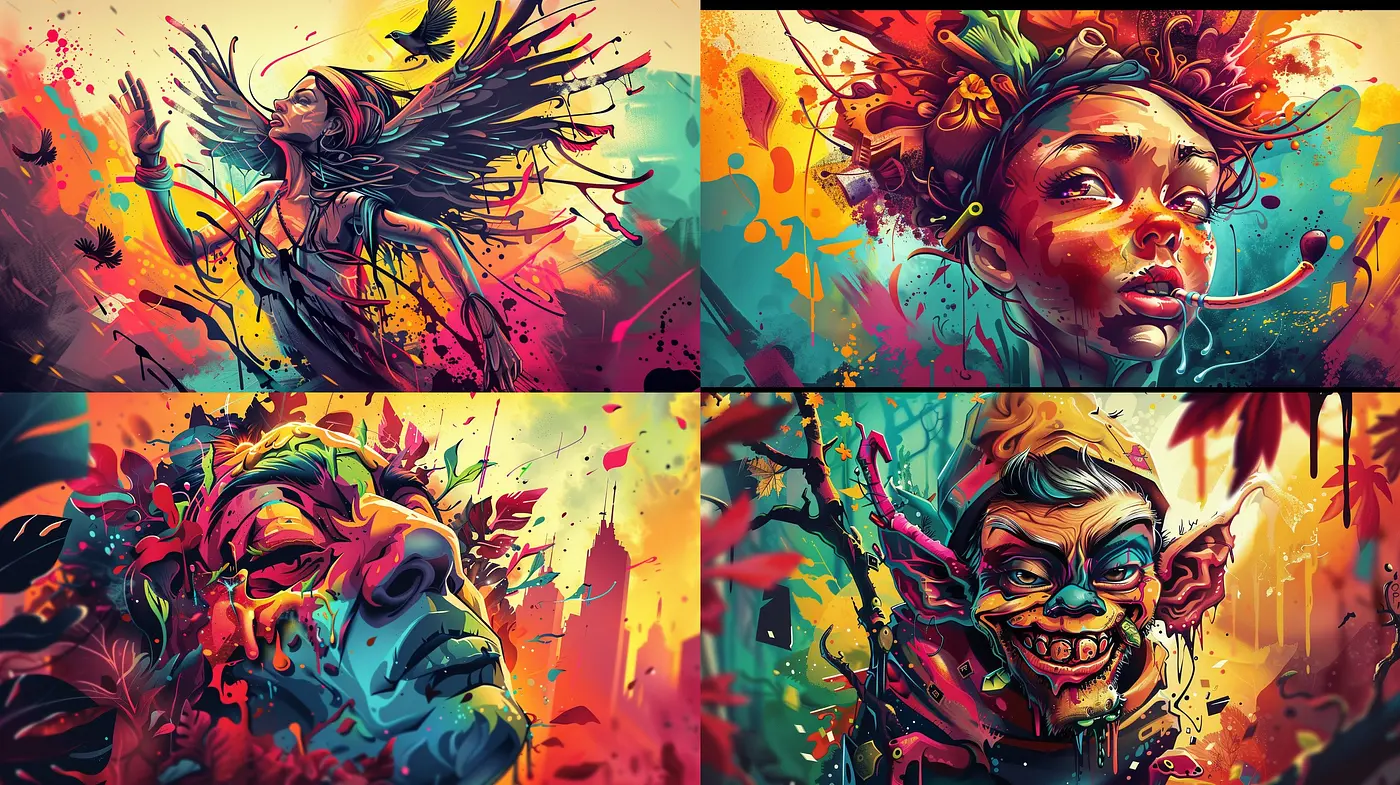 Explosion of Chromatic Dynamism and Expressive Surrealism - Midjourney sref style