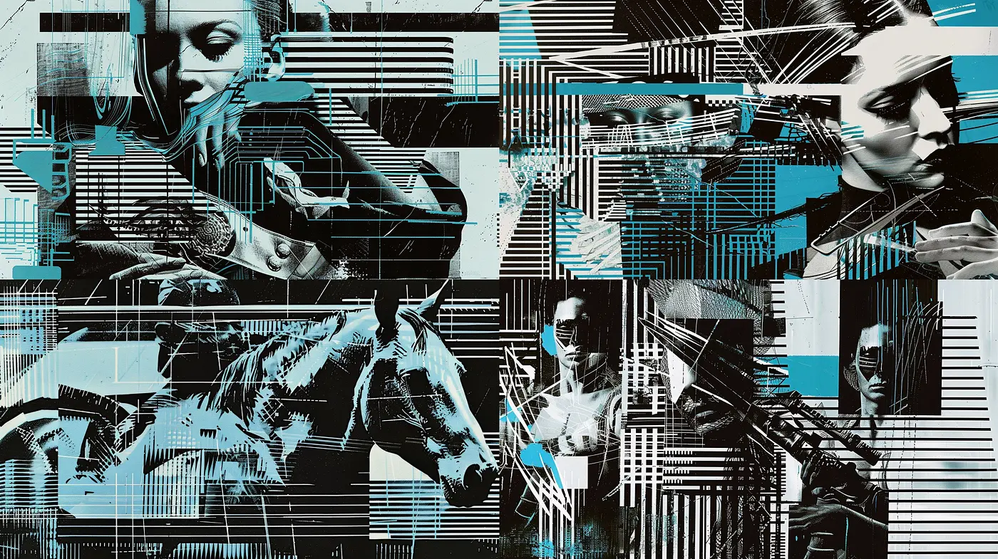 Futuristic Cybernetic Collage with Monochromatic Tones and Streaks of Vibrancy - Midjourney sref style