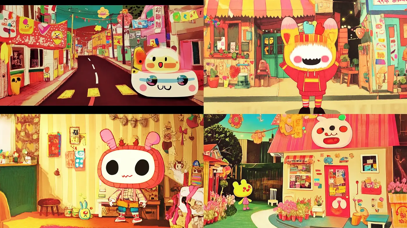 Whimsical Cartoon Townscape in Warm Hues - Midjourney sref style