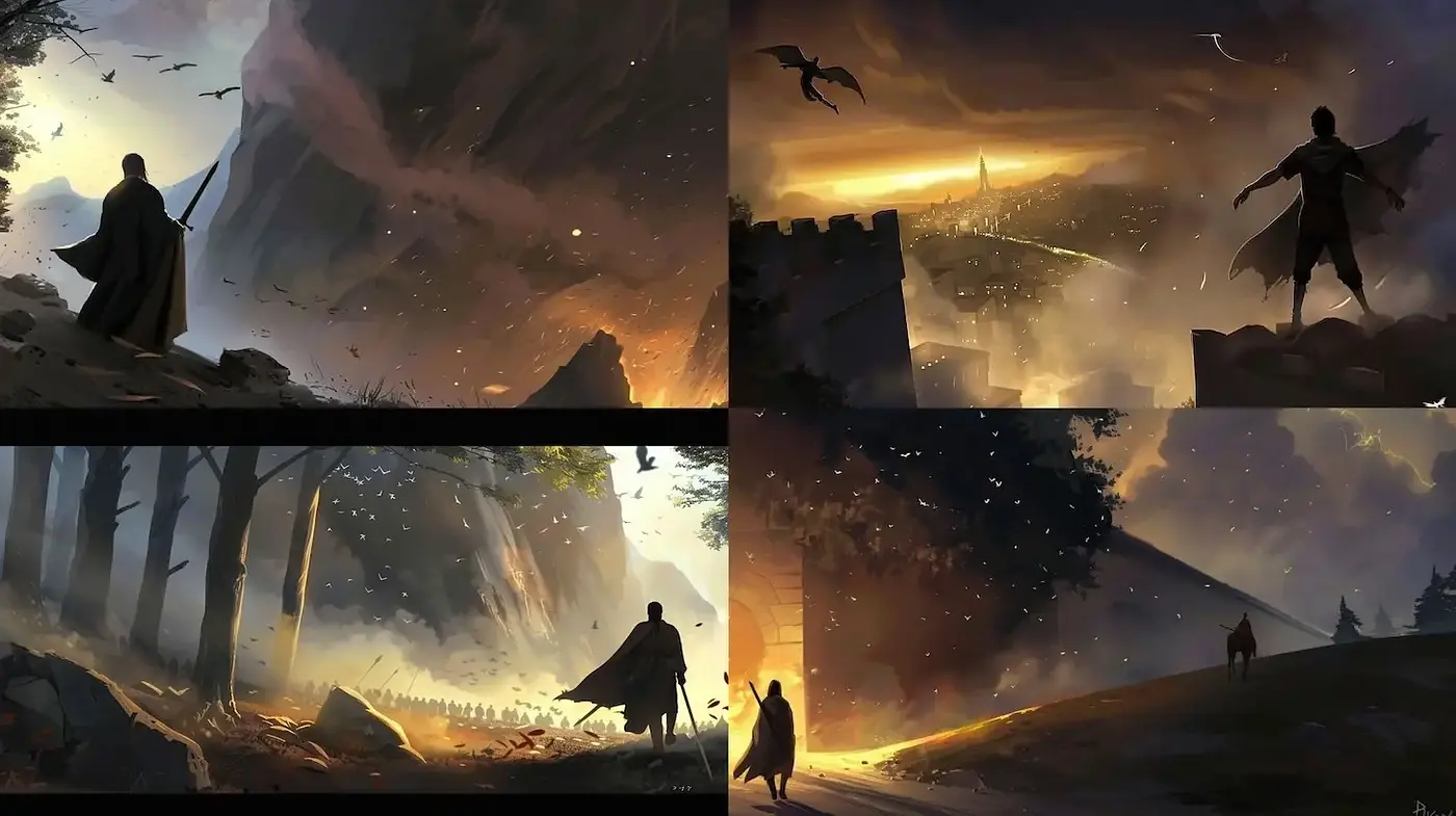 Epic Landscapes with Mystical Atmospheres and Action Elements - Midjourney sref style