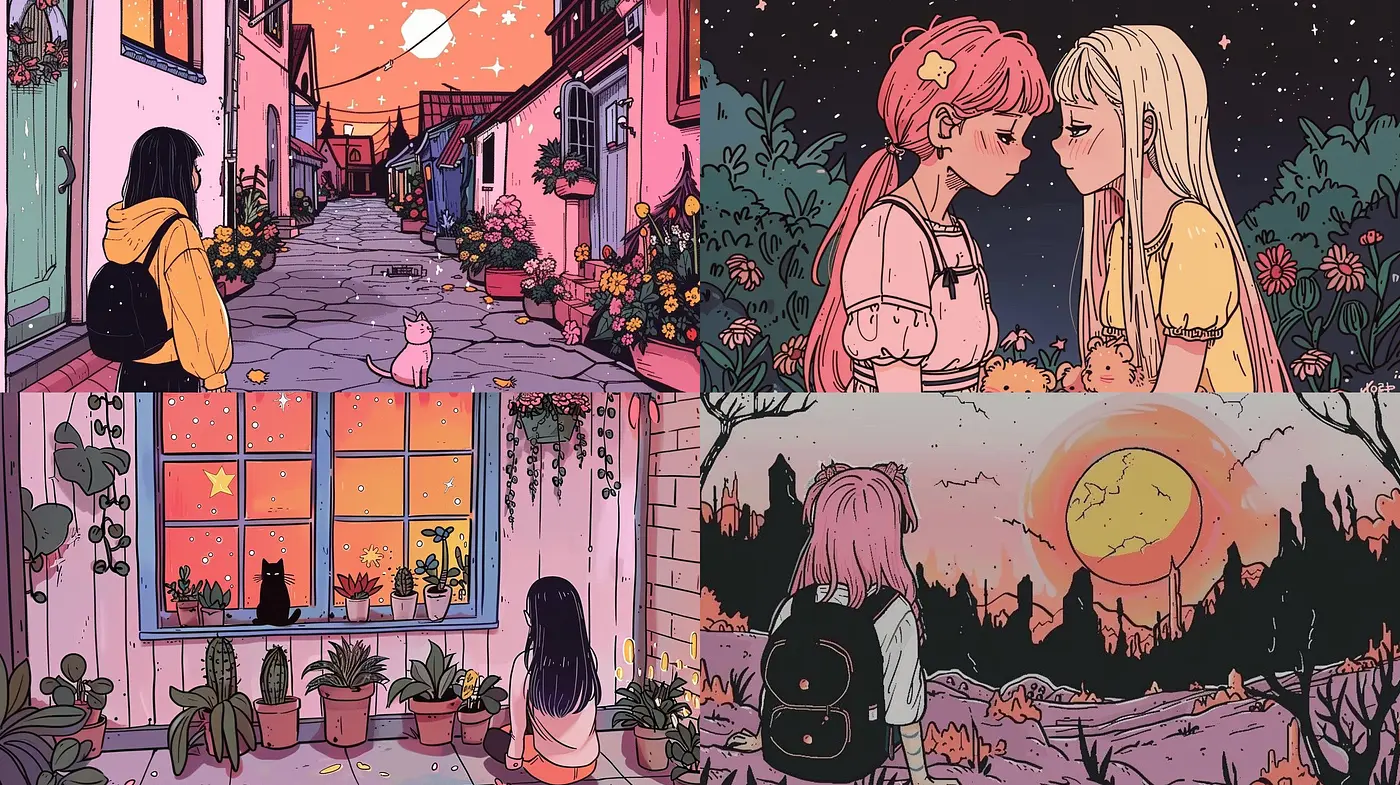 Twilight Dreamscapes: A Harmonious Blend of Pastel Hues and Serene Comic-Inspired Vignettes - Midjourney sref style