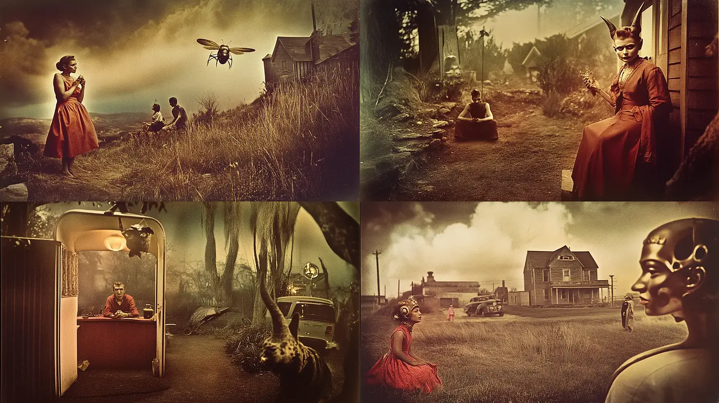 Time-Eroded Dreamscape: A Sepia-Toned Surrealistic Vista - Midjourney sref style