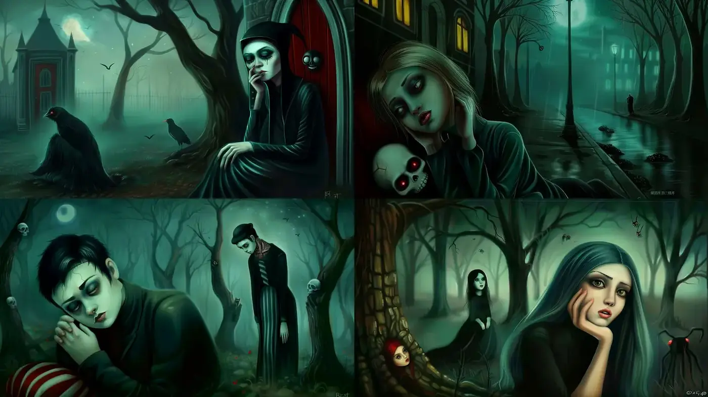 Eerie and melancholic visual narrative with dark fantasy elements - Midjourney sref style