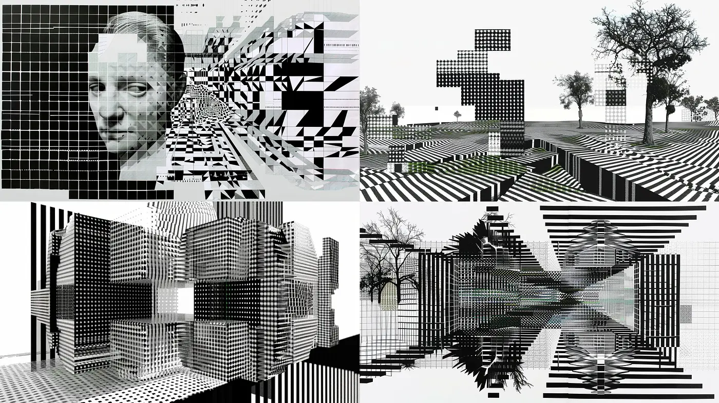 Monochromatic Geometric Abstraction: Interplay of Lines and Grids - Midjourney sref style
