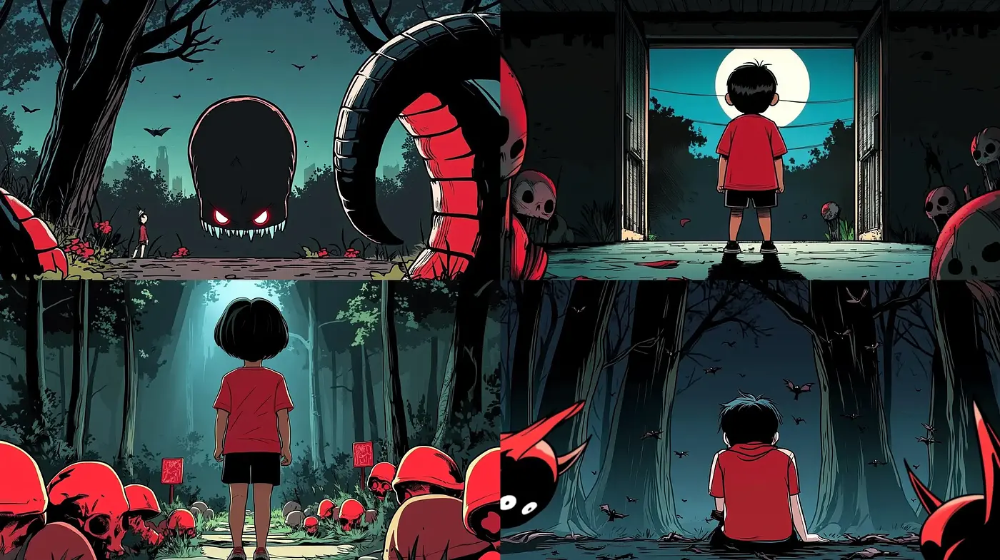 Eerie Twilight Contrasts in Stylized Comic Illustration - Midjourney sref style