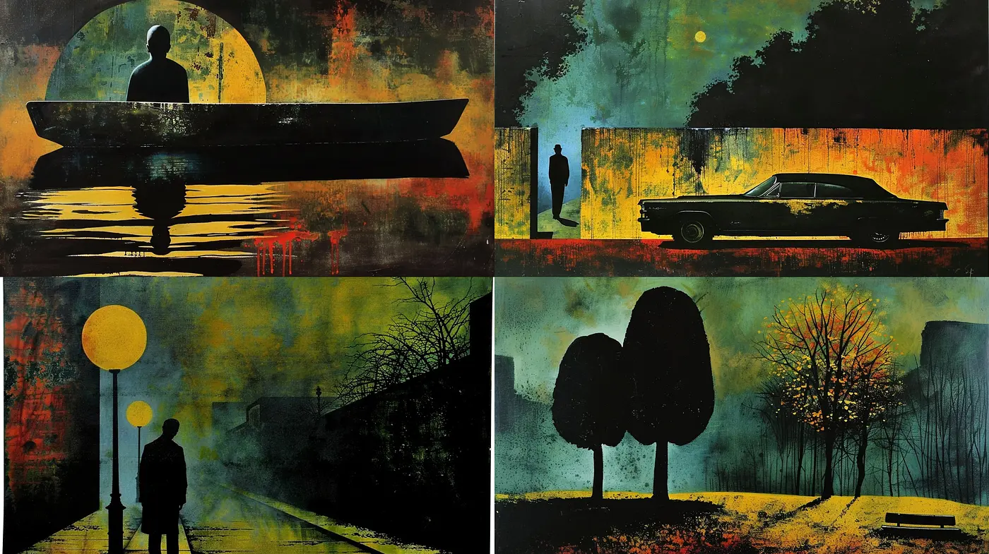 Shadows and Silhouettes: A Fusion of Grim Textures and Vibrant Contrasts - Midjourney sref style