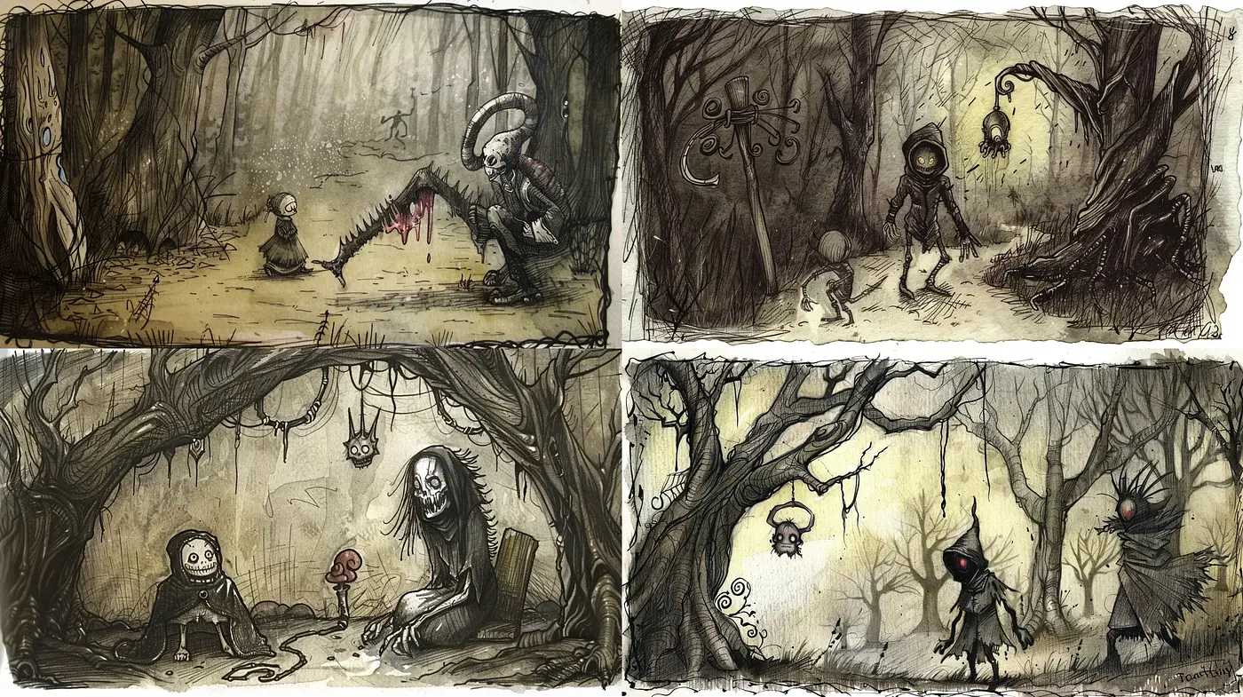 Whimsical Gothic Forest: A Darkly Enchanted Artistic Synthesis - Midjourney sref style