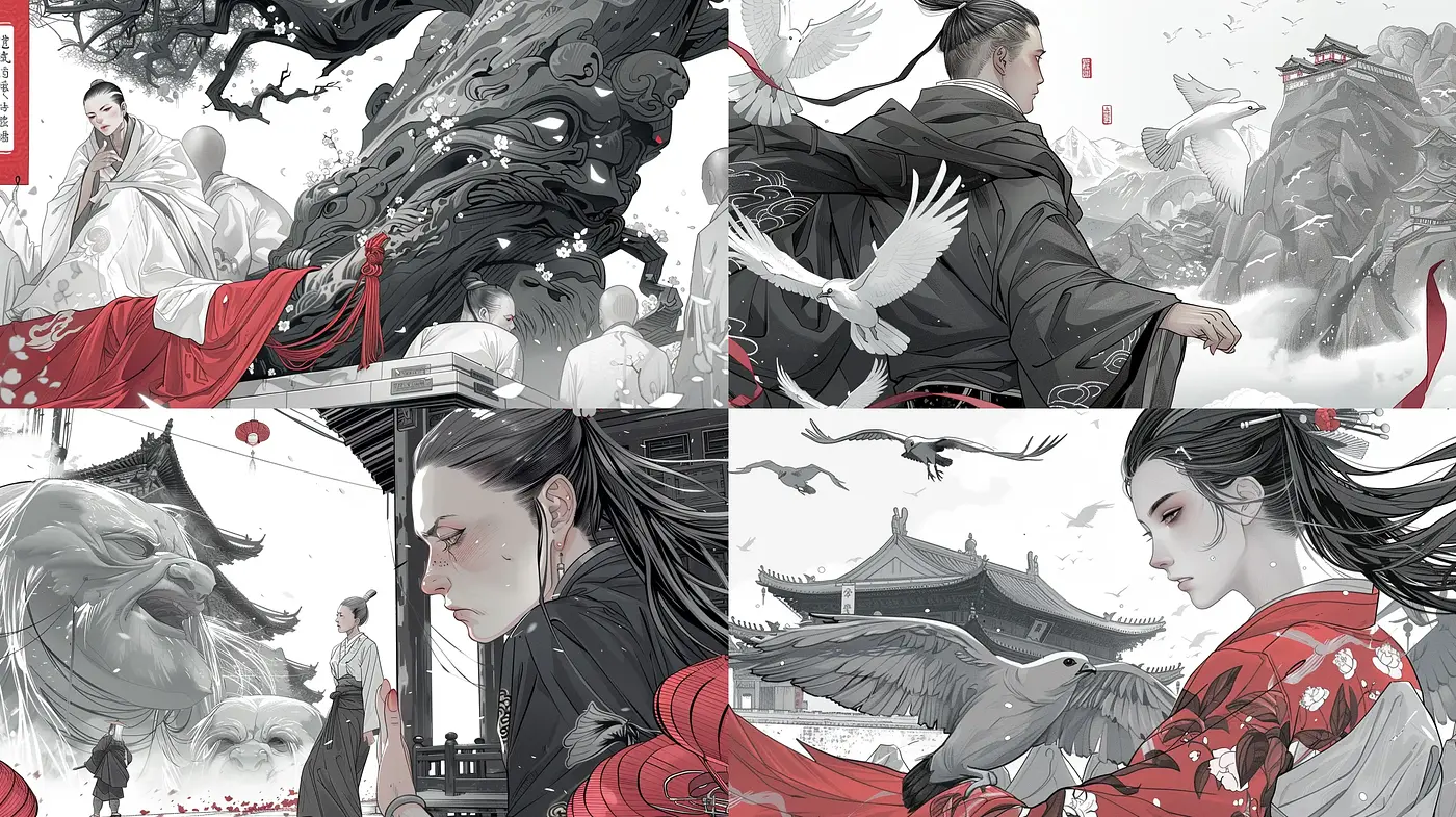 Monochromatic Elegance with Red Accents in East Asian Narrative Illustration - Midjourney sref style