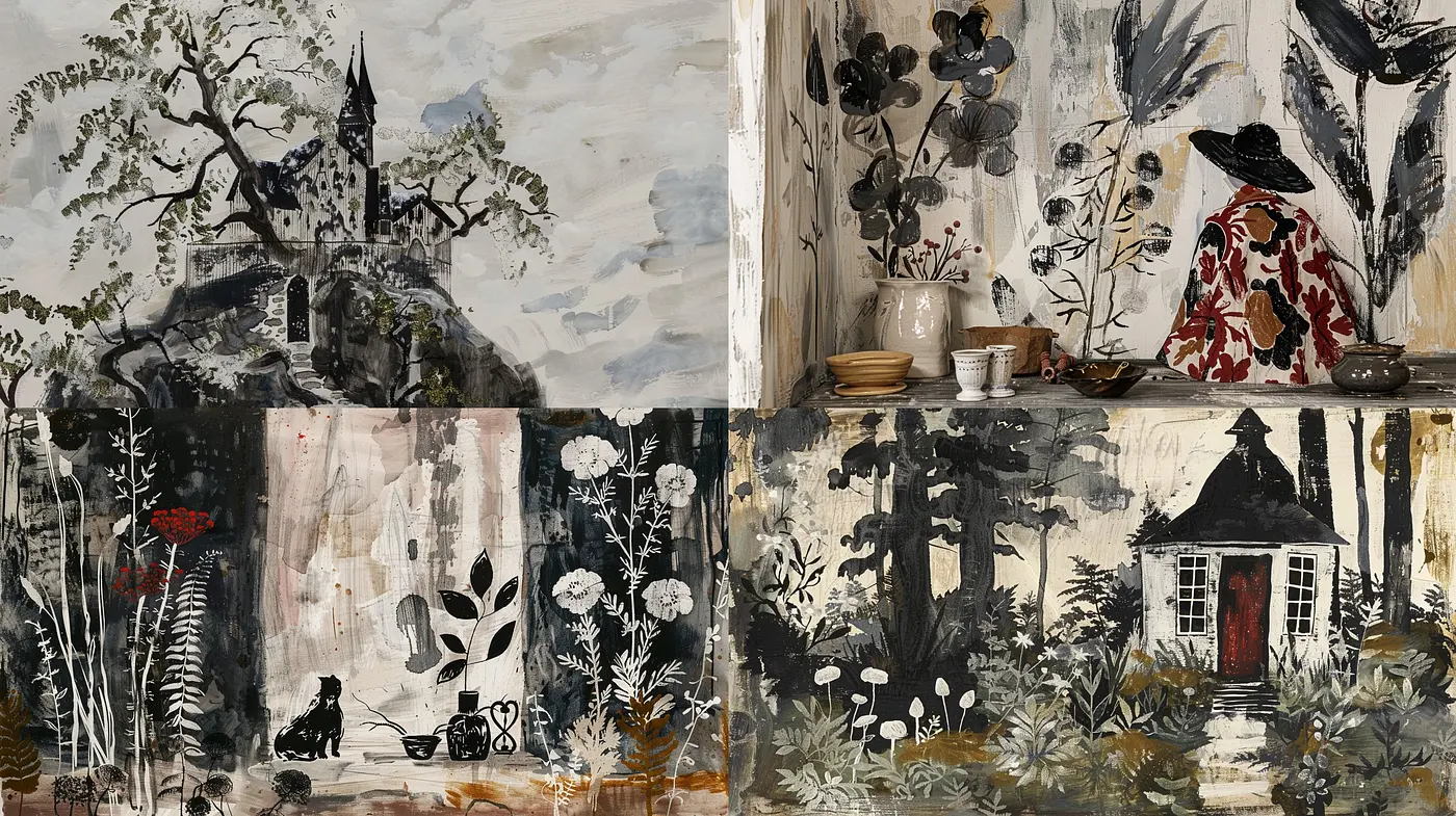 Whimsical Brushstrokes of Monochromatic Botanical Dreamscapes - Midjourney sref style