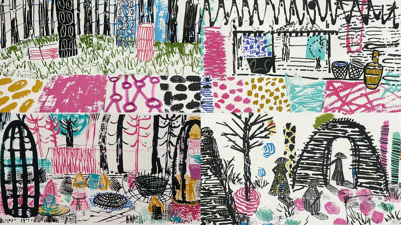 Whimsical Illustrative Ensemble with Expressive Ink-like Lines and Vivid Textural Patches - Midjourney sref style