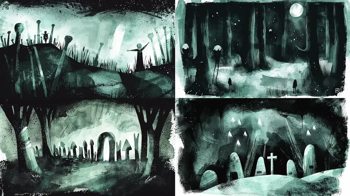 Eerie and Atmospheric Art Inspired by Whimsical Fantasies with a Touch of Surrealism - Midjourney sref style