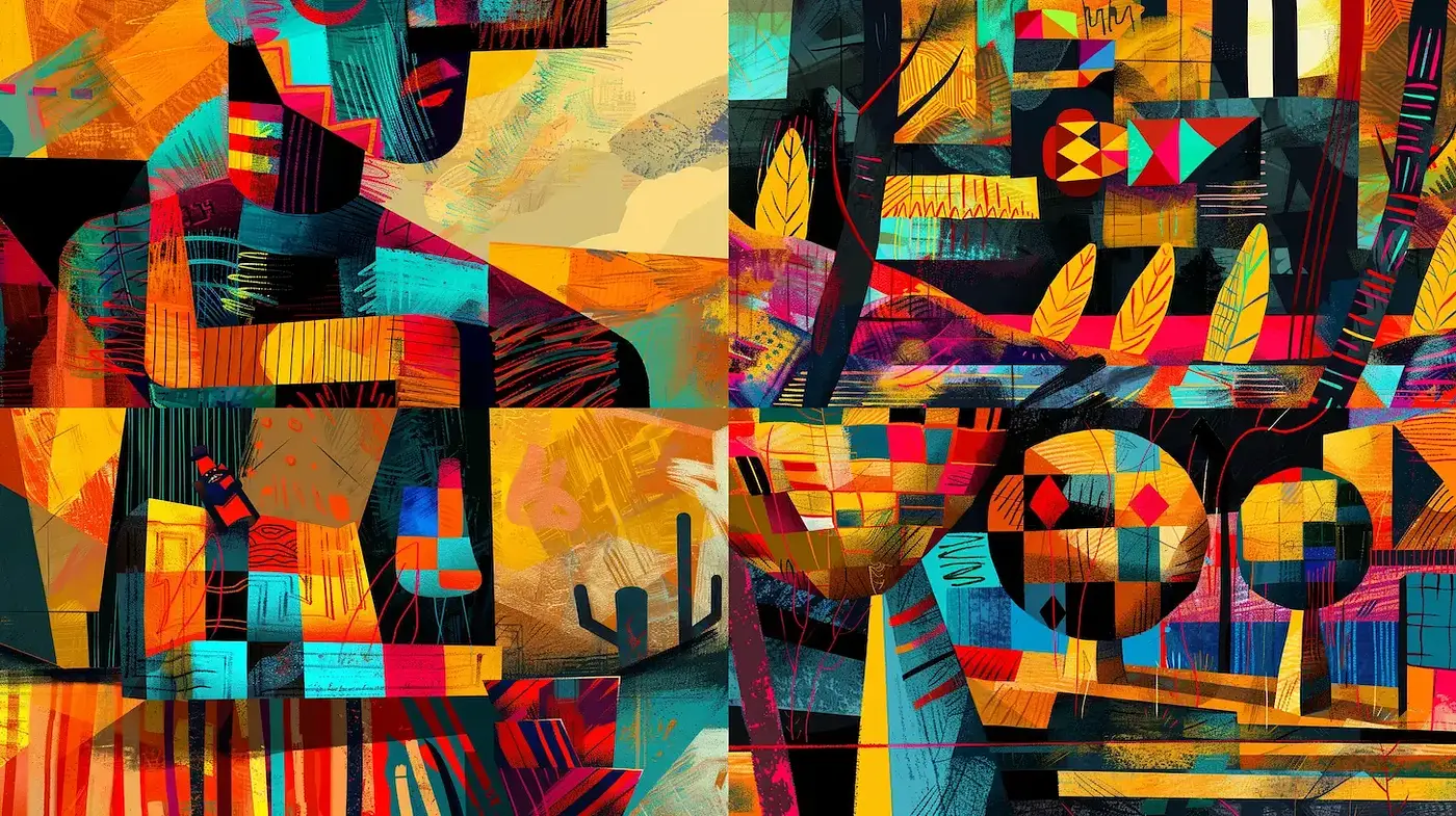 Vibrantly Textured Geometric Composition with Cultural Influences - Midjourney sref style