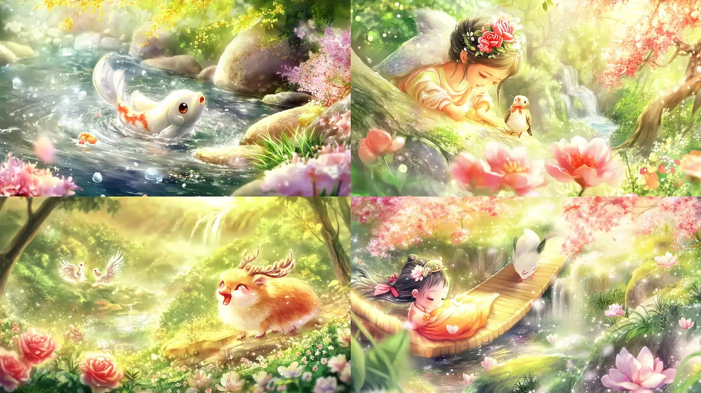 Enchanted Pastoral Dreamscape: A Harmonious Fusion of Luminosity and Florals - Midjourney sref style