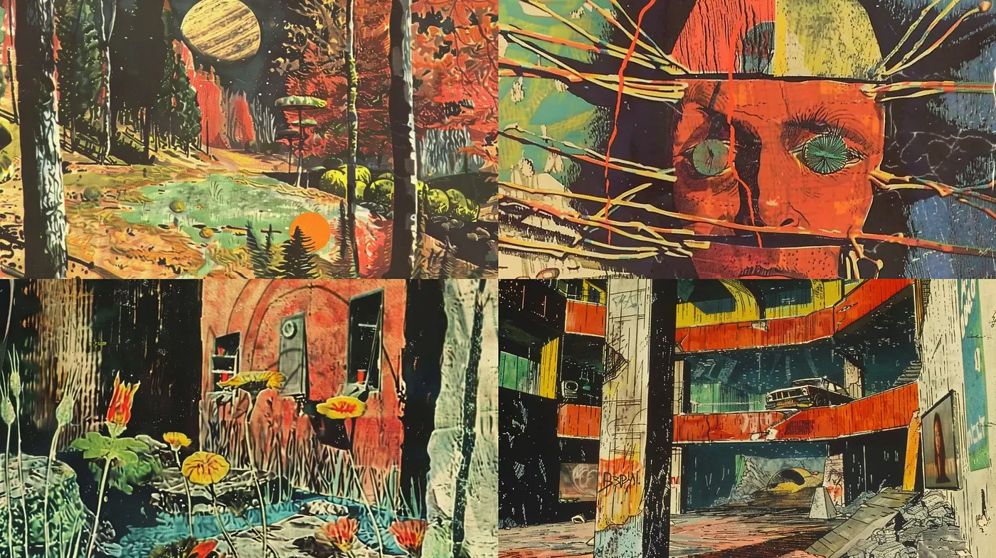 Eclectic Fusion of Retro Futurism with a Surreal Glitch Art Influence - Midjourney sref style