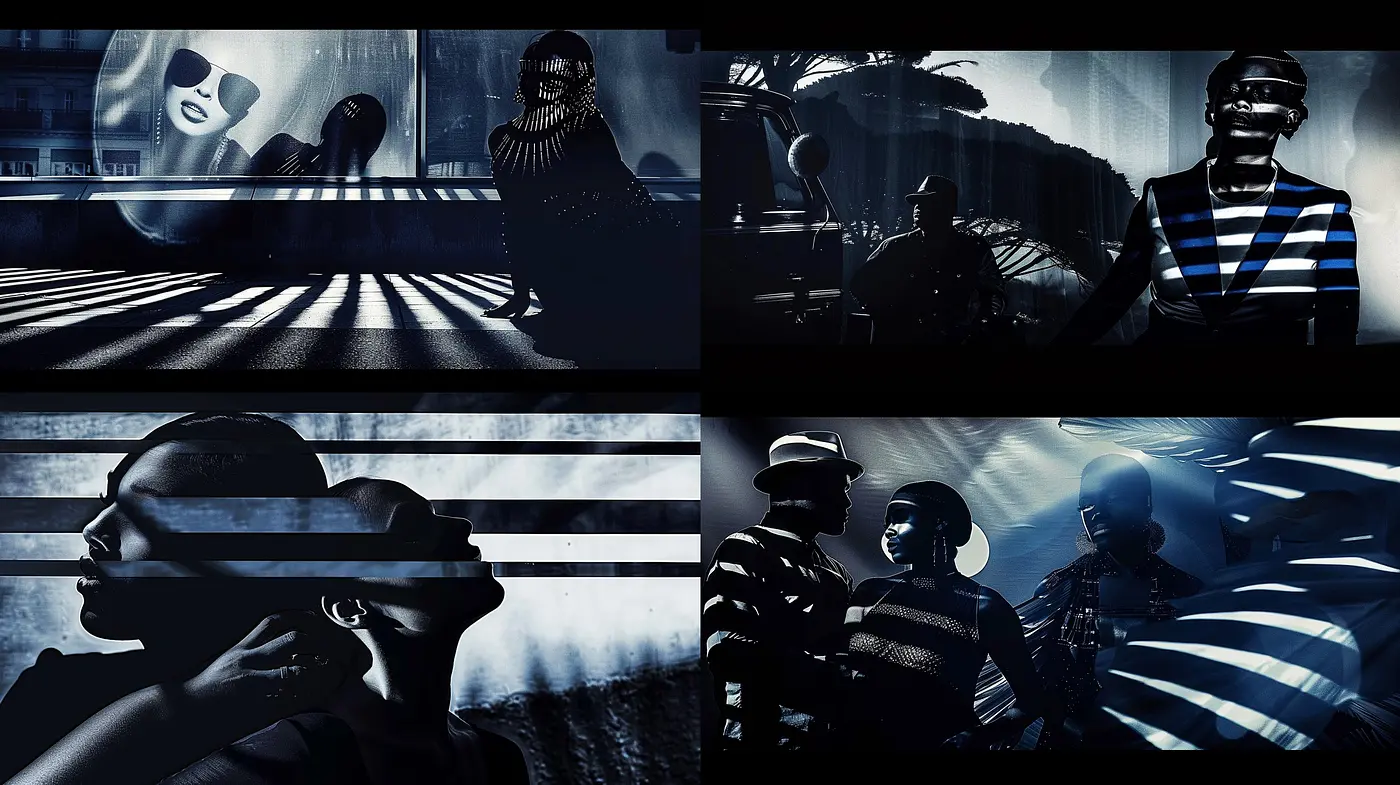Noir-Inspired Monochromatic Dreamscape: A Study in Shadow and Light Interplay - Midjourney sref style