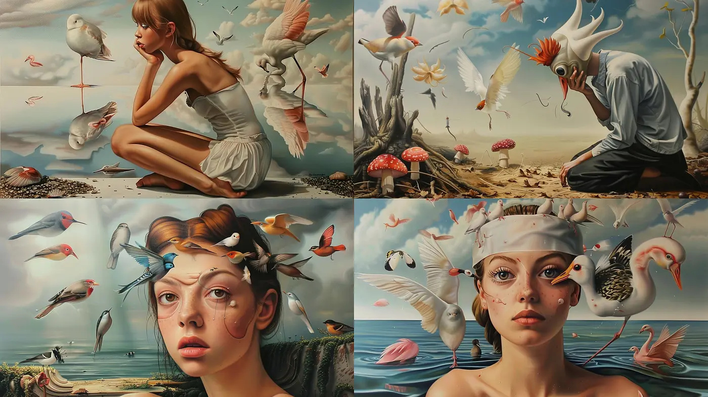 Surreal Avian Dreamscapes: A Study in Ethereal Bird and Nature Interaction - Midjourney sref style