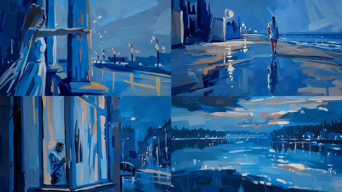 Stylized Blue Palette with Reflective Urban Themes and Impressionistic Techniques - Midjourney sref style