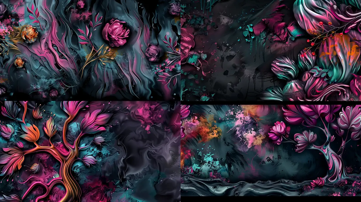 Ethereal Dreamscape Florals in Noir Elegance - Midjourney sref style