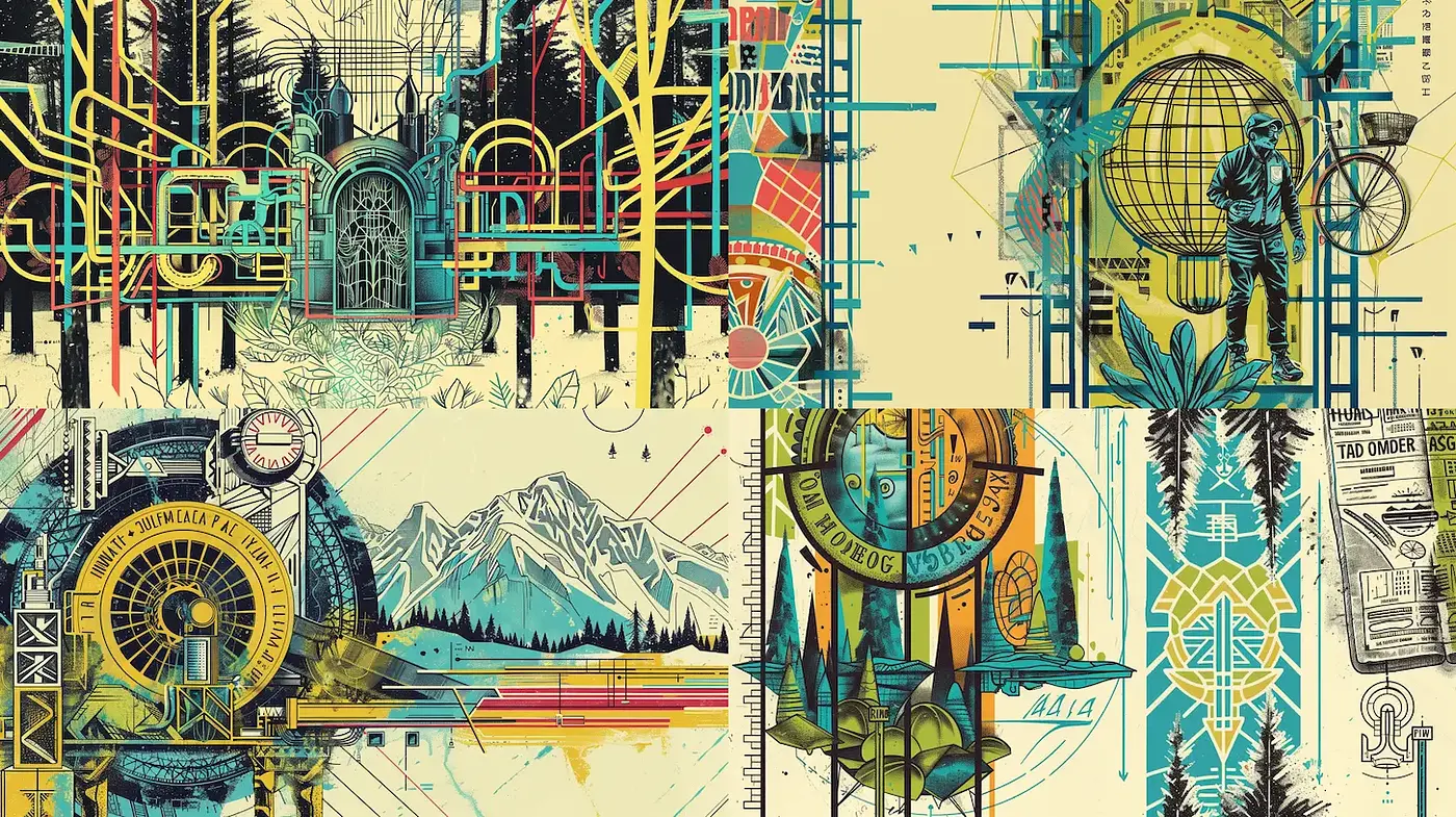 Futuristic Geometric Art with Vintage Influences Reflecting an Industrial Aesthetic - Midjourney sref style