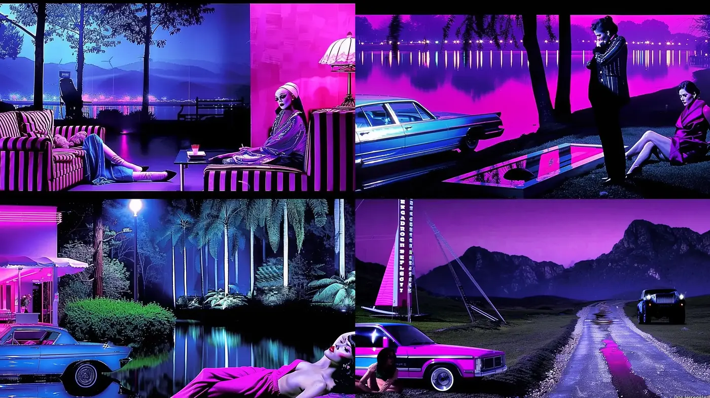 Neon-Noir Dreamscape: A Cyber-Synth Fusion of Past and Future Aesthetics - Midjourney sref style