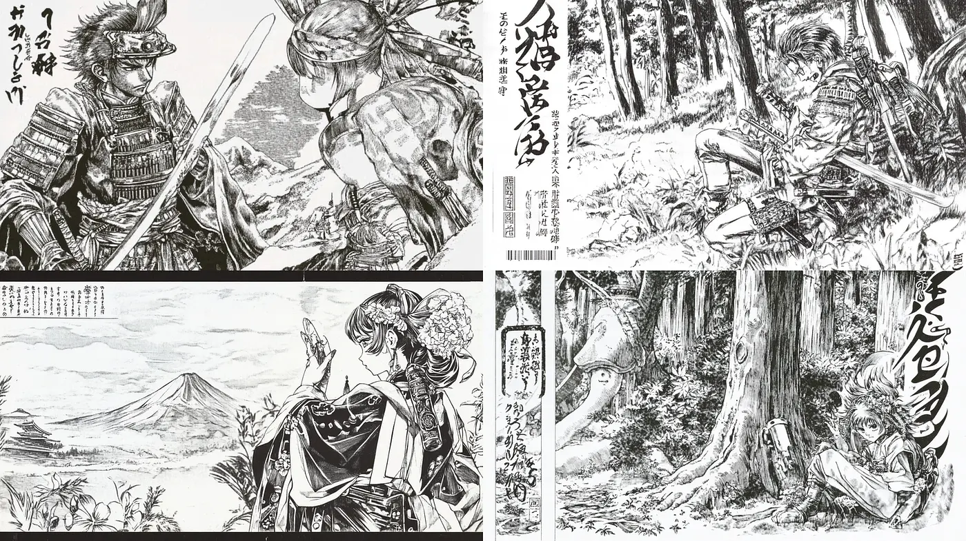Intricately Detailed Ink Illustrations Inspired by Historical Japanese Themes - Midjourney sref style