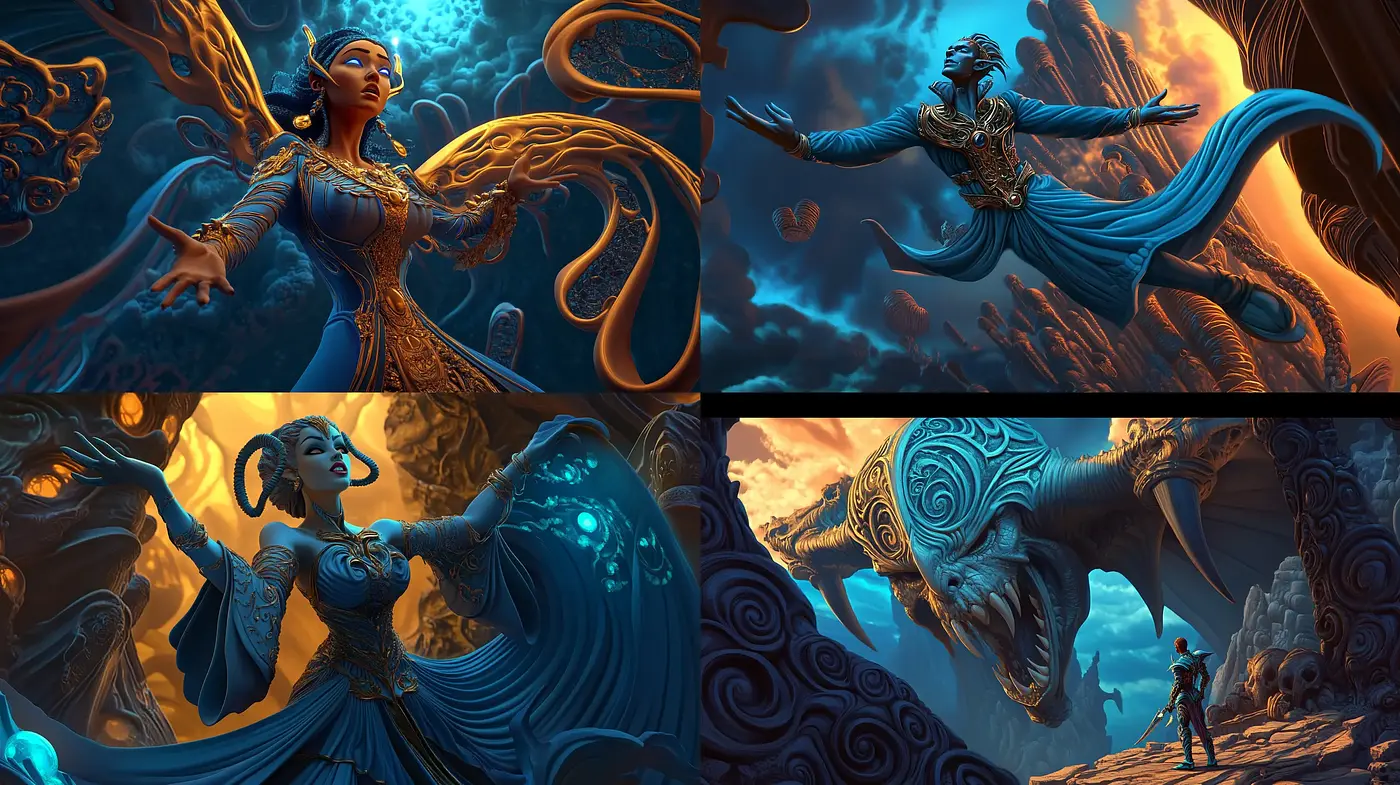 Ethereal Depths of Illuminated Azure: A Fusion of Digital Baroque and Fantasy Art - Midjourney sref style