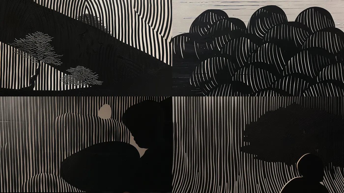 Monochromatic Linear Abstraction: A Dance of Light and Shadow - Midjourney sref style