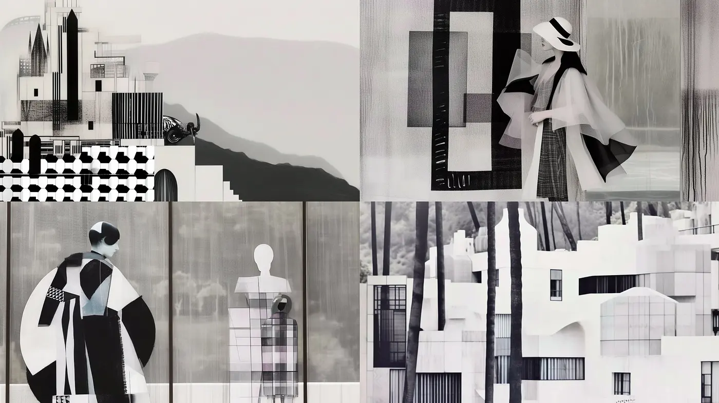 Monochromatic Architectural Fusion with Abstract Geometric Influence - Midjourney sref style