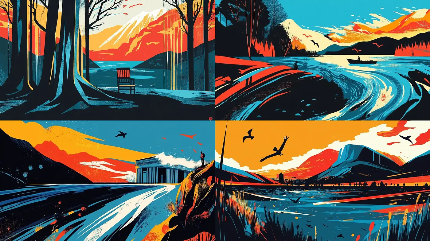 Dramatic, Contrasting Silhouette Landscapes with a Nostalgic Vector Art Charm - Midjourney sref style