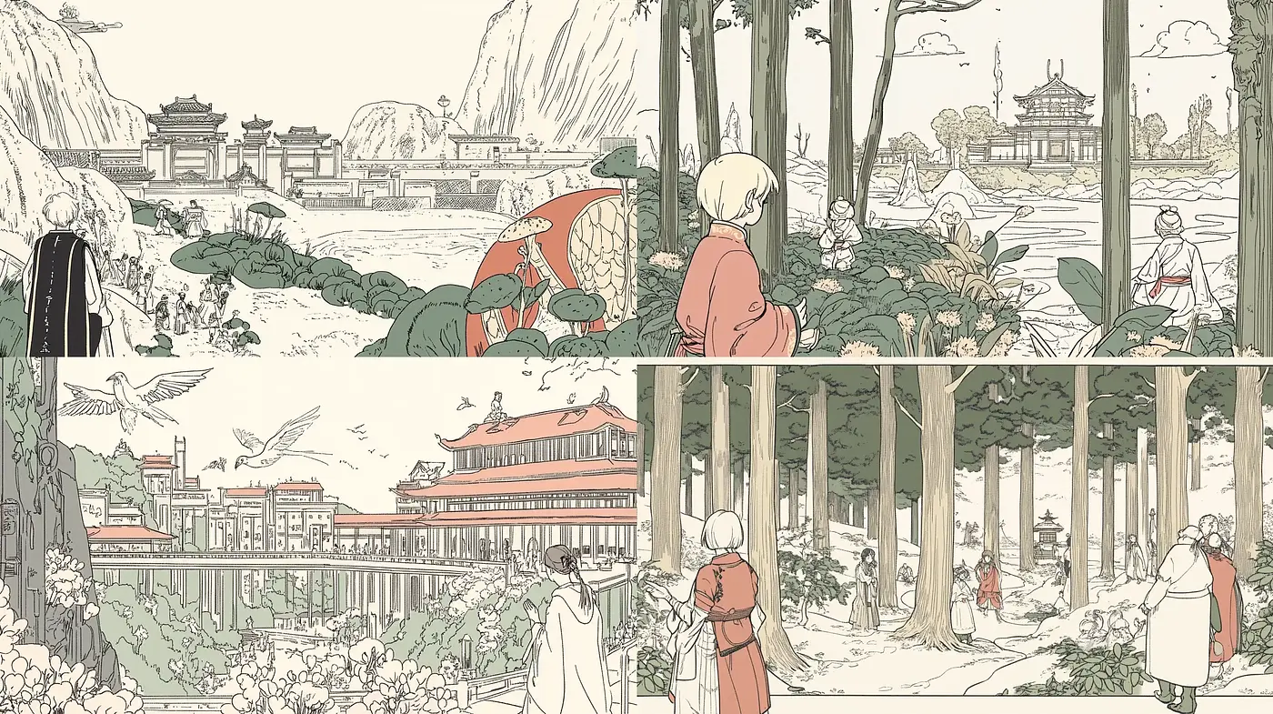 Serene Illustrative Tapestry of Historical East Asian Vistas - Midjourney sref style