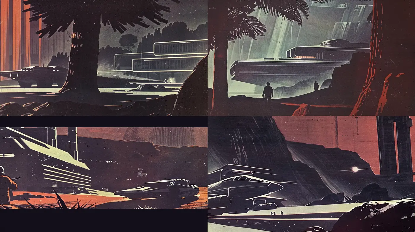 Dusky Futurism: A Cinematic Sci-Fi Art Style with Retro Overtones - Midjourney sref style