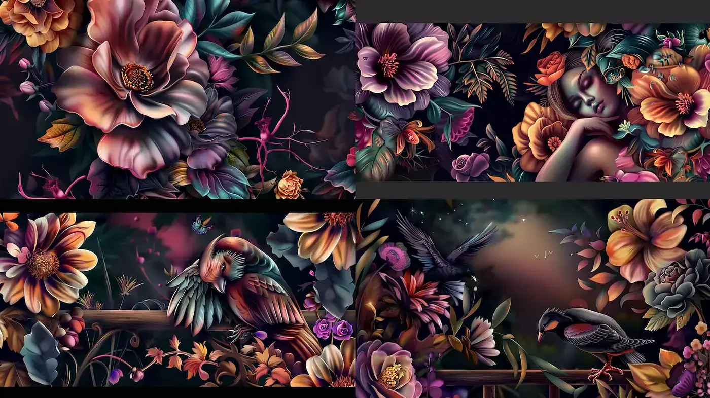 Rich Floral Imagery with a Surreal and Lush Atmosphere - Midjourney sref style