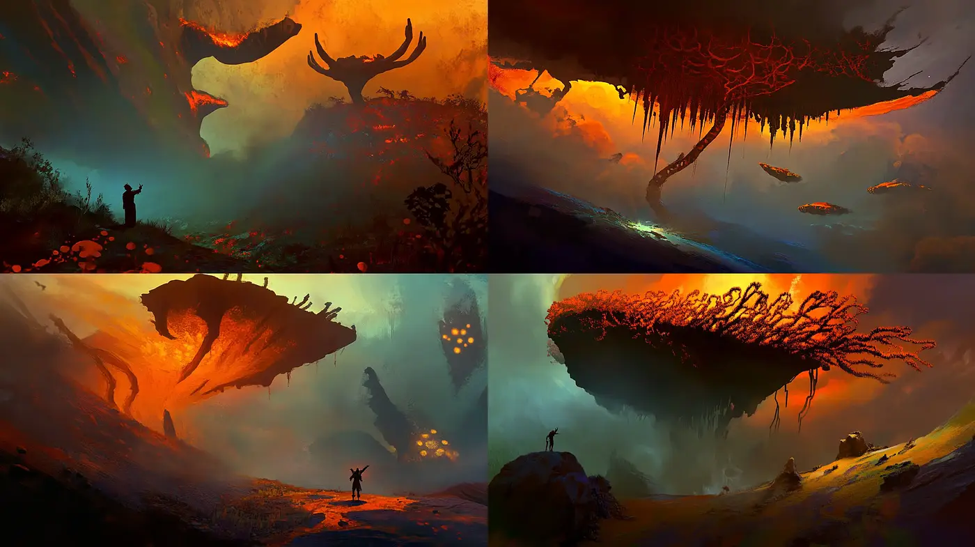 Ethereal Twilight Vistas: A Consistent Dusk-infused Surreal Panorama - Midjourney sref style