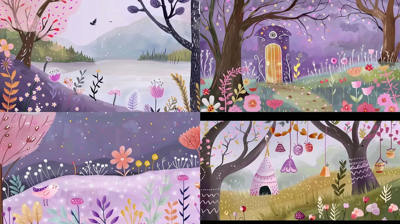 Whimsical Storybook Sceneries with Pastel Dreamscape Palette - Midjourney sref style