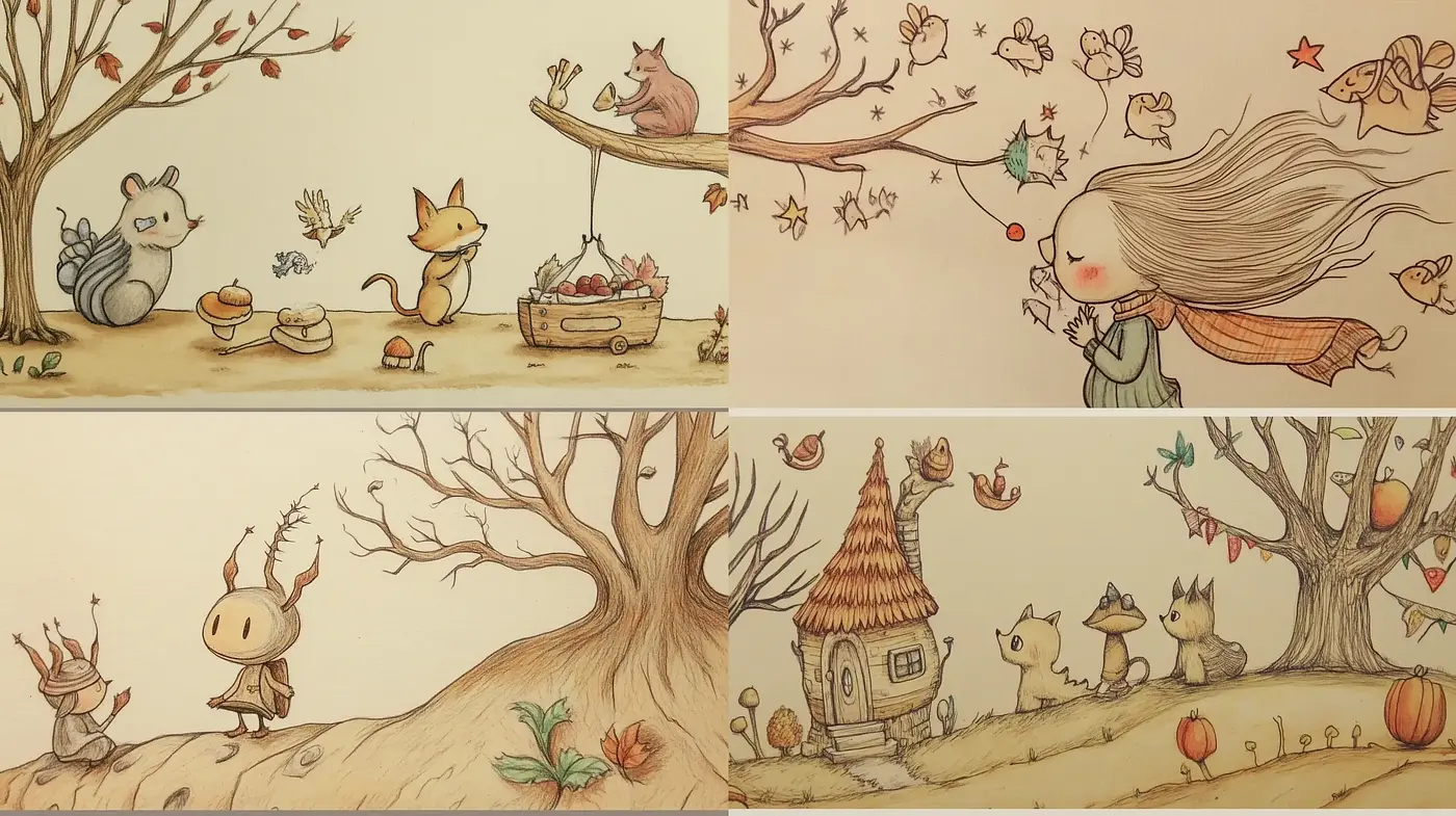 Enchanting Storybook Whimsy: A Consistent Palette of Autumn Warmth  - Midjourney sref style