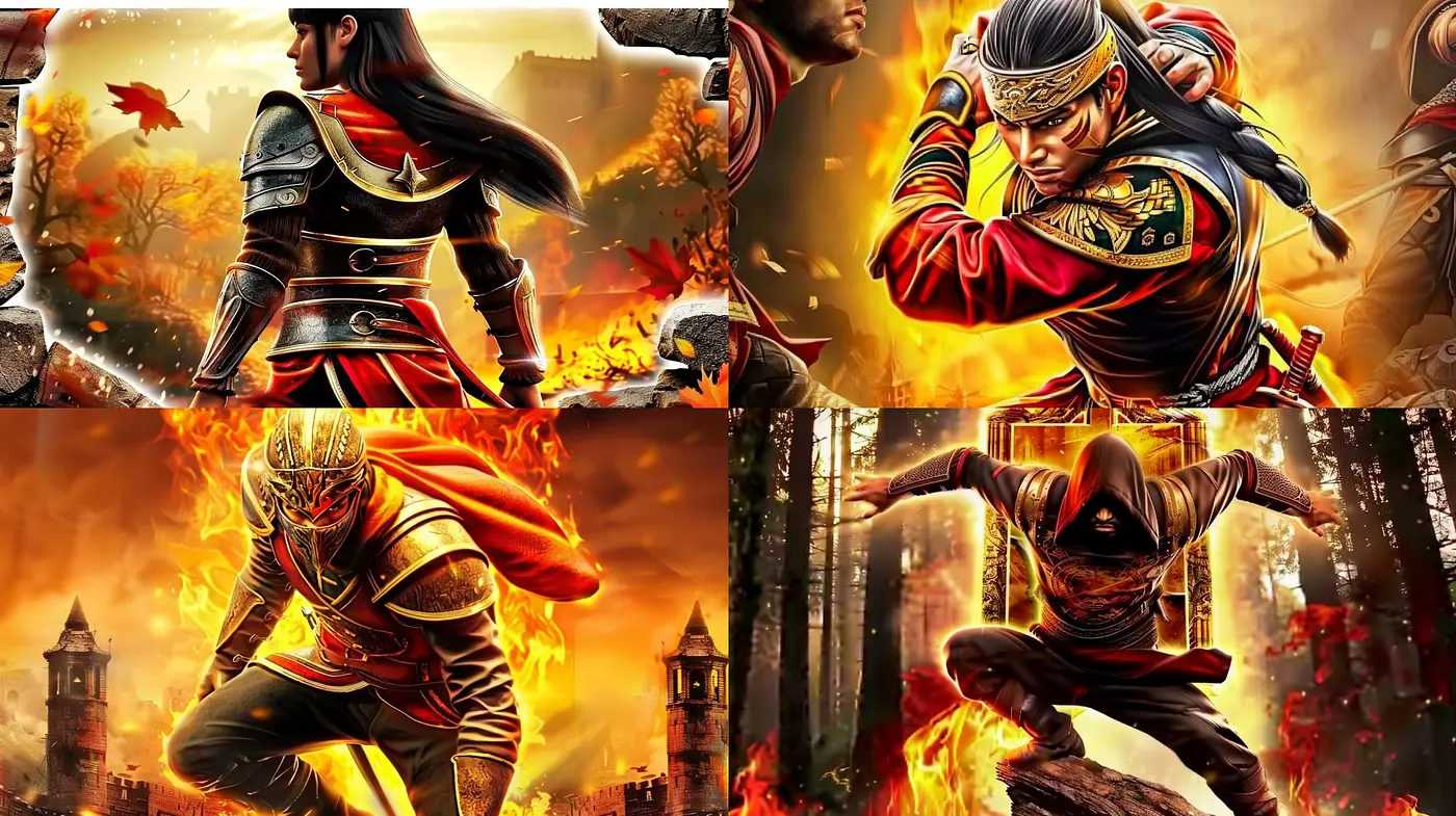 Fiery Autumnal Epic: A Harmonized Fusion of Vivid Warmth and Dynamic Warrior Aesthetics - Midjourney sref style