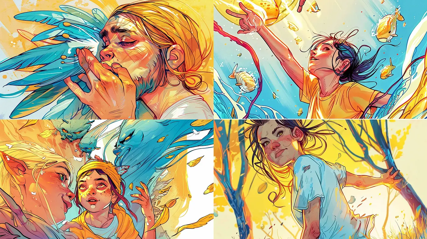 Sunlit Whimsy: A Fusion of Dynamic Brushwork and Luminous Hues - Midjourney sref style
