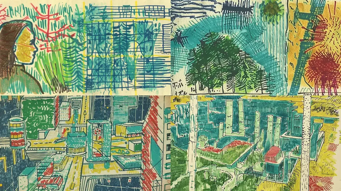 Vibrant and Textured Depiction of Urban and Natural Landscapes - Midjourney sref style