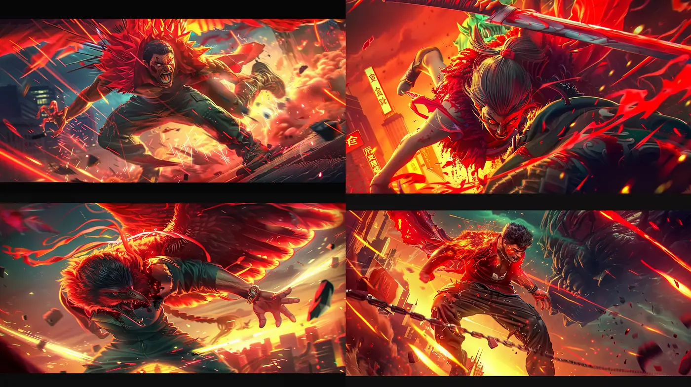 Dynamic Crimson Hues: A Fusion of Energy and Comic Book Vigor - Midjourney sref style