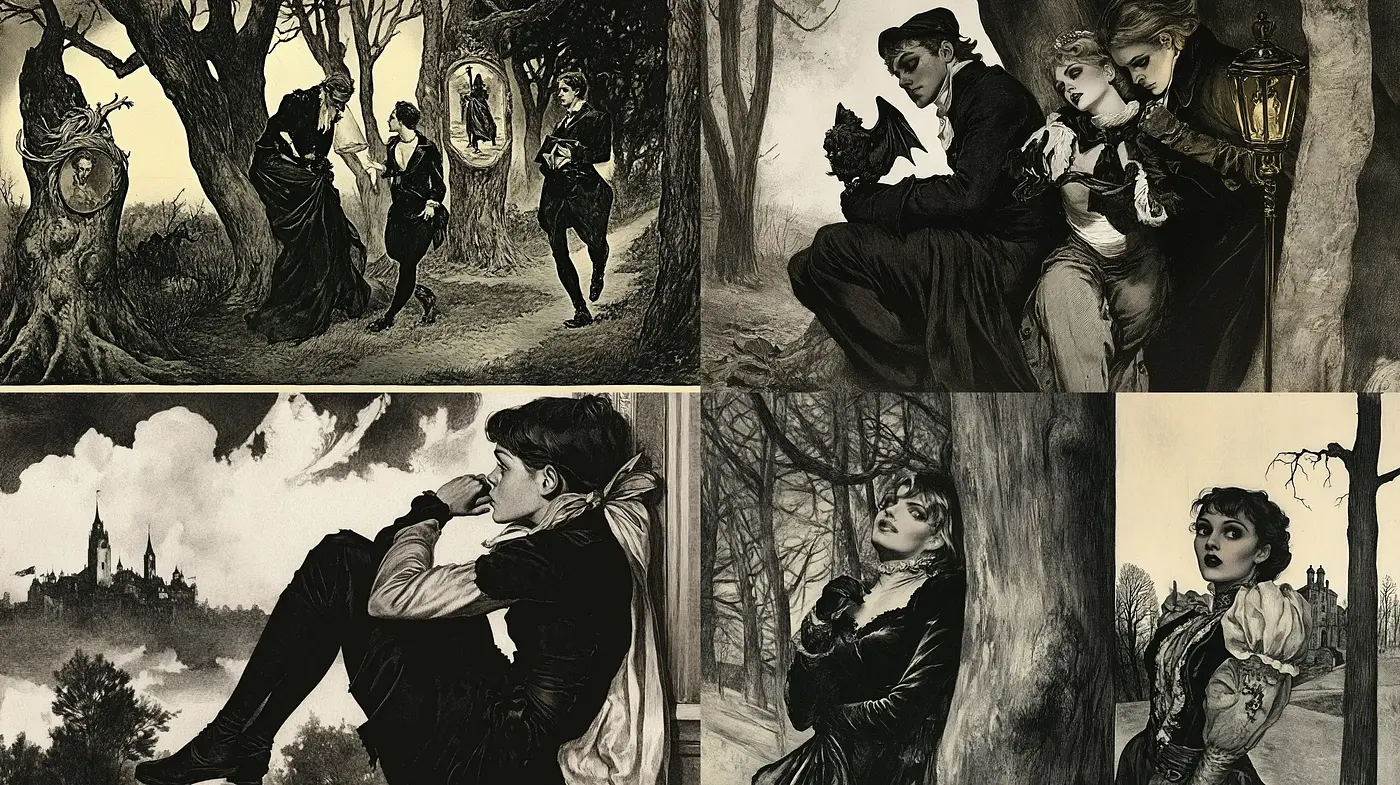 Gothic Whimsy: A Nostalgic Fusion of Edwardian Elegance and Dark Romanticism - Midjourney sref style