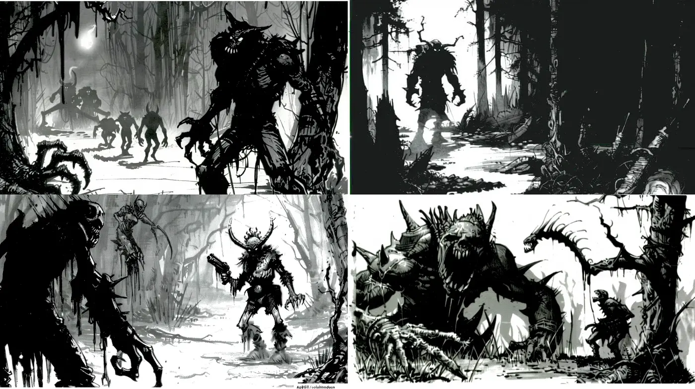 Ethereal Monochrome Monsters in Ethereal Forest - Midjourney sref style