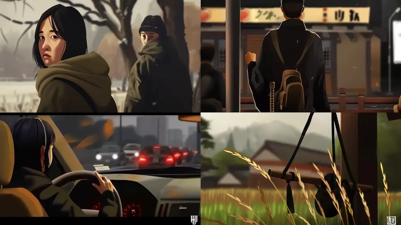 Cinematic and moody anime-inspired street scenes with a focus on character emotion - Midjourney sref style