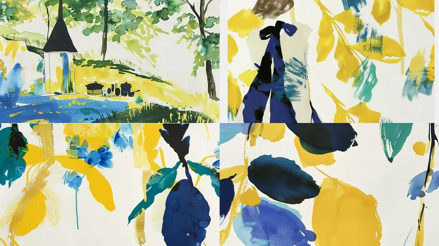 Abstract Expressionist Flourishes with a Lively Yellow-Blue Contrast - Midjourney sref style