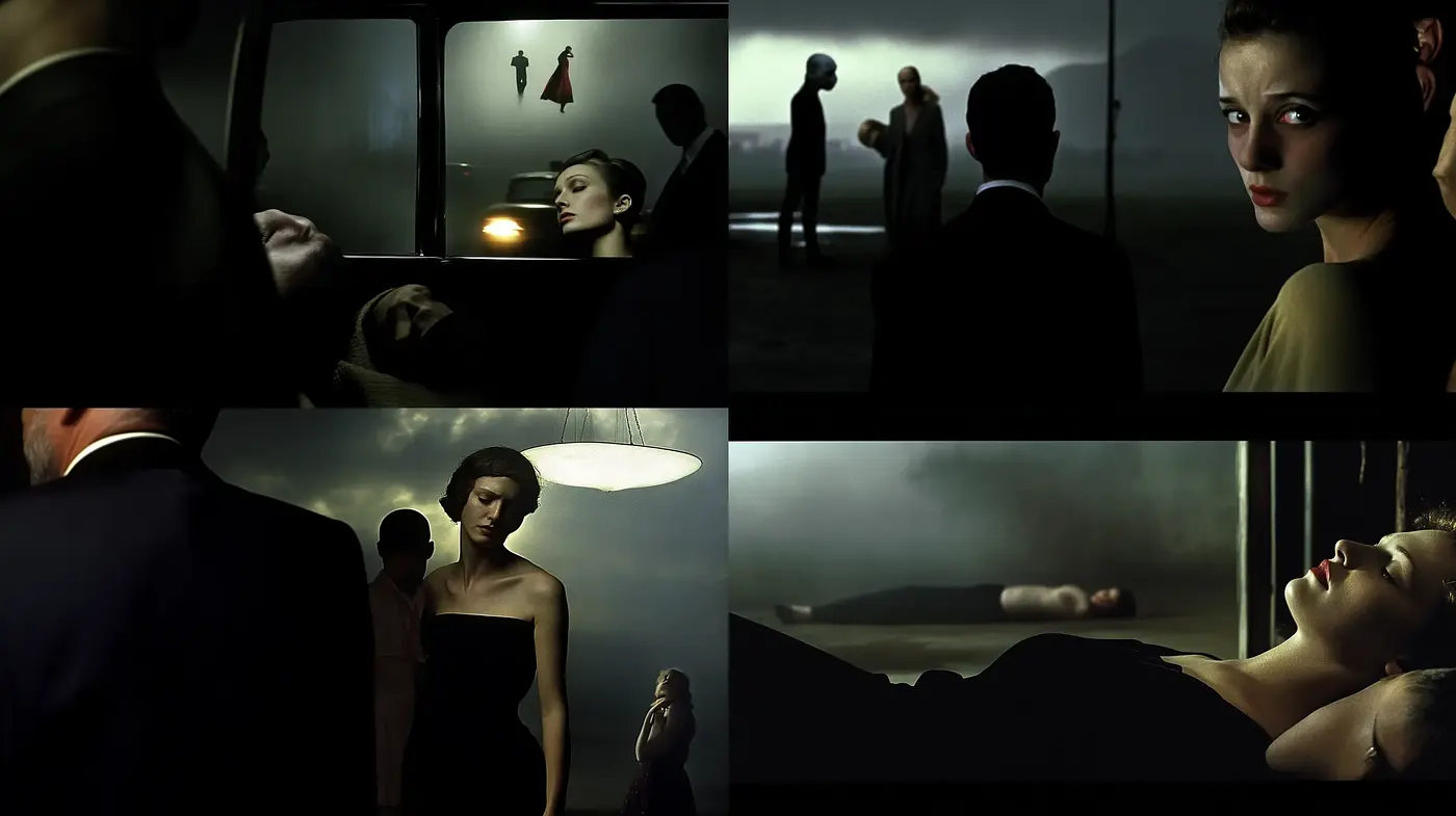 Nocturnal Elegance with a Cinematic Film Noir Essence - Midjourney sref style