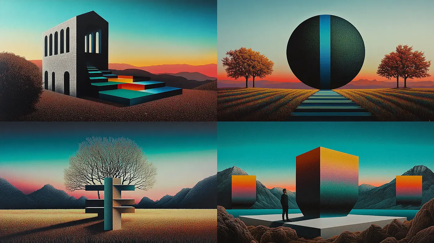 Surreal Horizons: A Twilight Synthesis of Geometric Mystique - Midjourney sref style