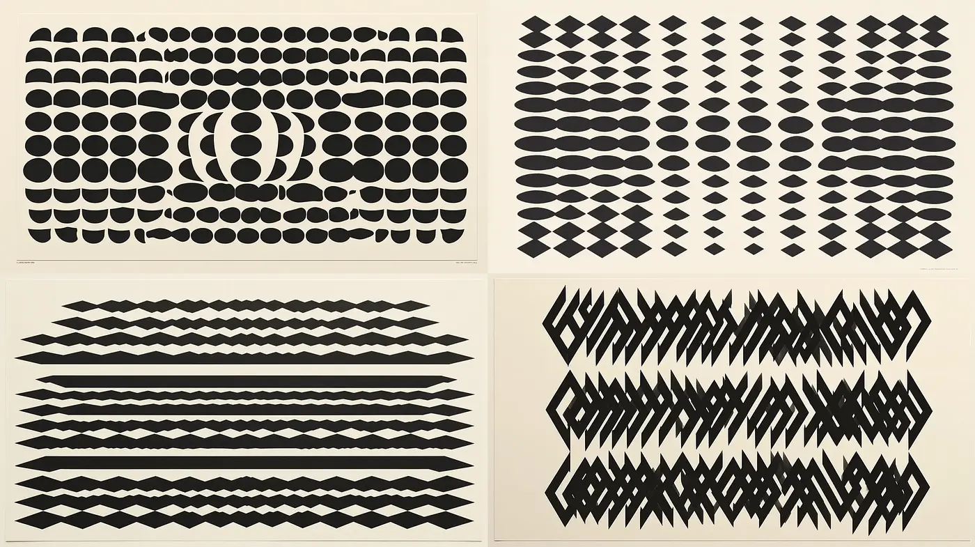 Dynamic Geometric Repetition and Contrast in Abstract Design - Midjourney sref style