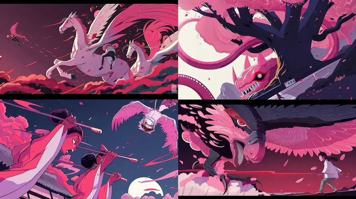 Dynamic and Vibrant Illustrative Style with Mythological Elements - Midjourney sref style