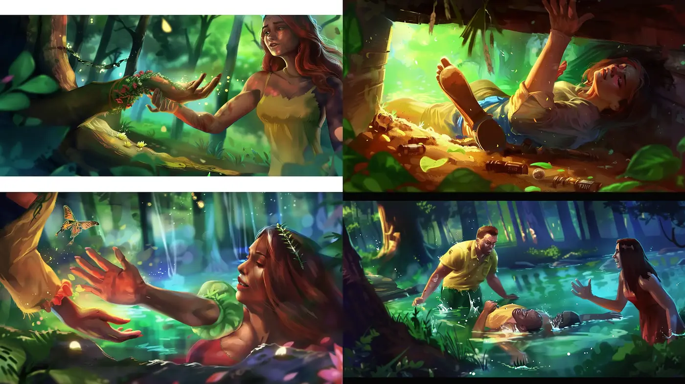 Enchanted Forest Encounter: A Vivid Tapestry of Lush Greens and Ethereal Light - Midjourney sref style